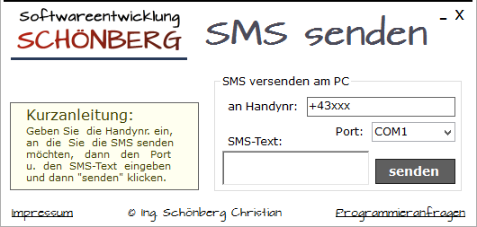 Schoenberg - Programmierauftrag, Programmierer - SMS senden am PC
