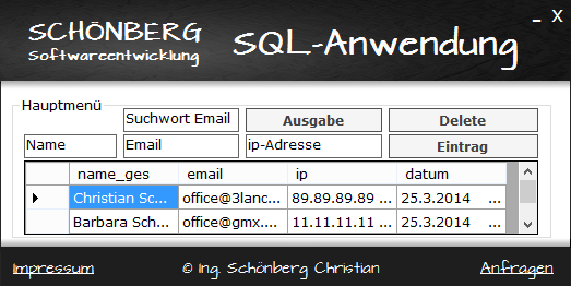 Schoenberg - Programmierauftrag, Programmierer - SQL Beispielanwendung programmiert